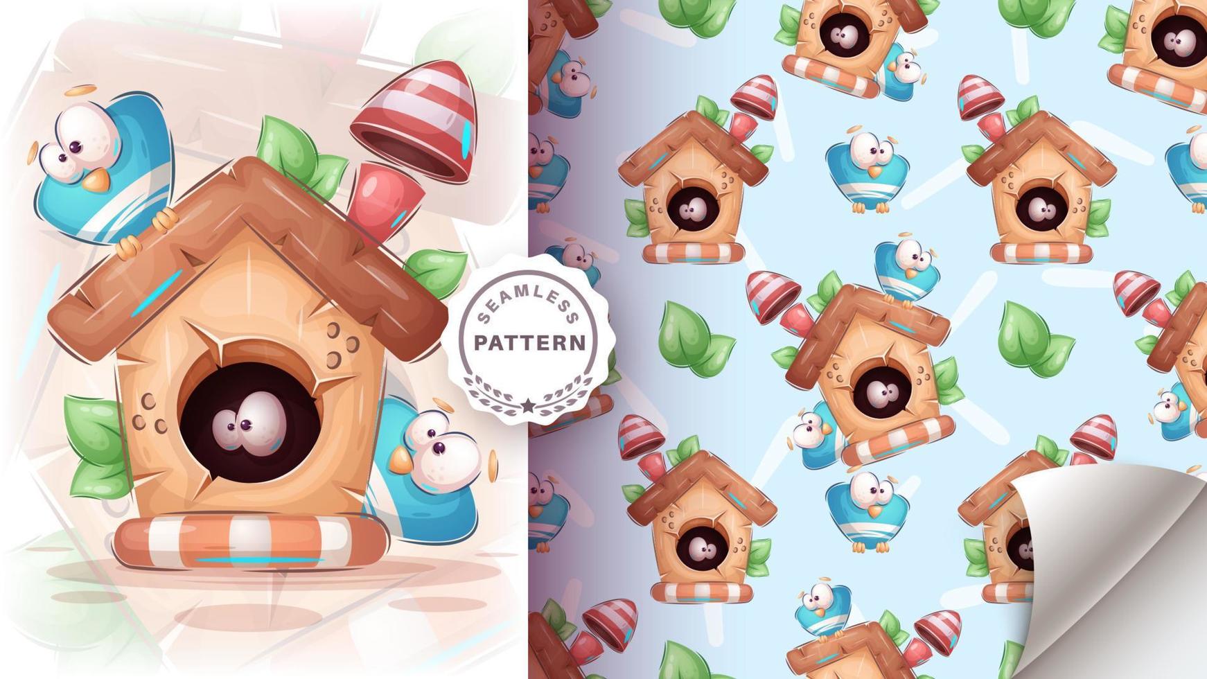 Seamless pattern cartoon character adorable birdhouse, pretty animal idea for print t-shirt, poster and kids envelope, postcard. Cute hand drawn style bird. vector