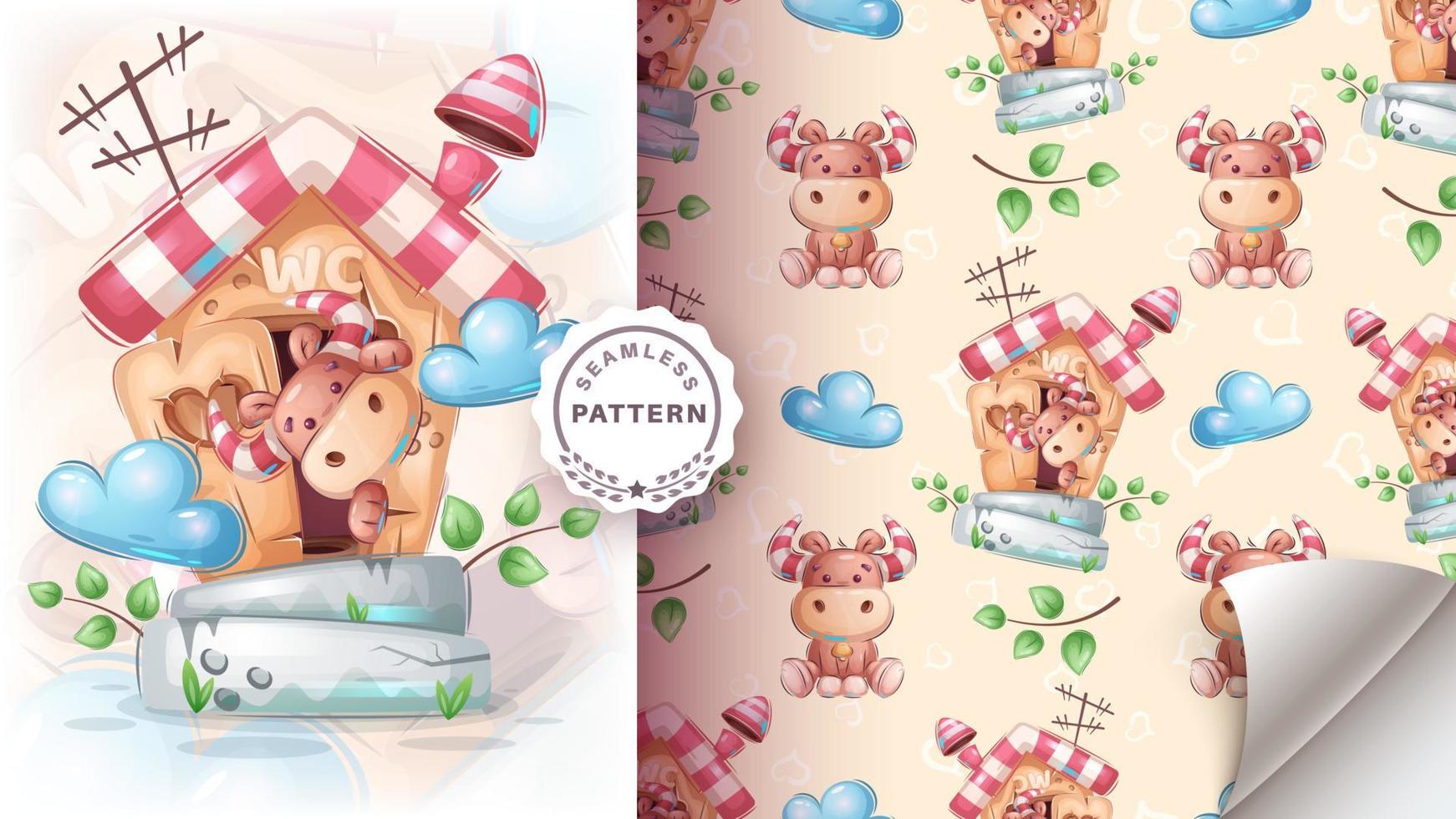 Seamless pattern cartoon character adorable bull in toilet, pretty animal idea for print t-shirt, poster and kids envelope, postcard. Cute hand drawn style cow. vector