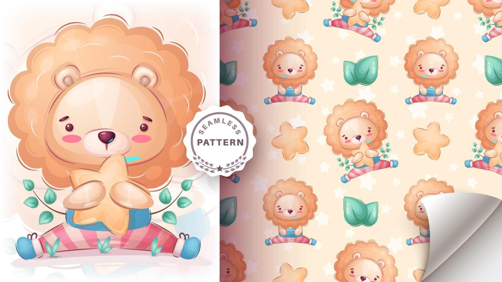 Seamless pattern cartoon character adorable lion, pretty animal idea for print t-shirt, poster and kids envelope, postcard. Cute hand drawn style roar. vector