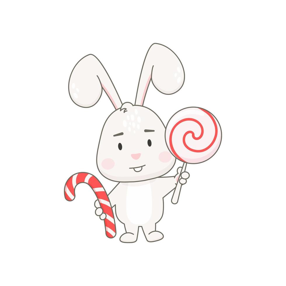 lindo personaje de conejo con piruleta y bastón de caramelo aislado en blanco. ilustración vectorial de conejito. vector