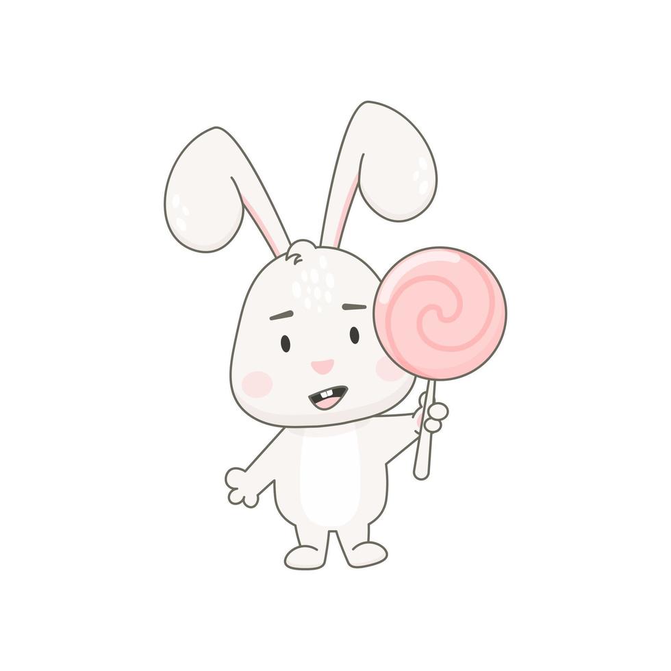 Cute rabbit character with lollipop isolated on white. Bunny vector illustration.