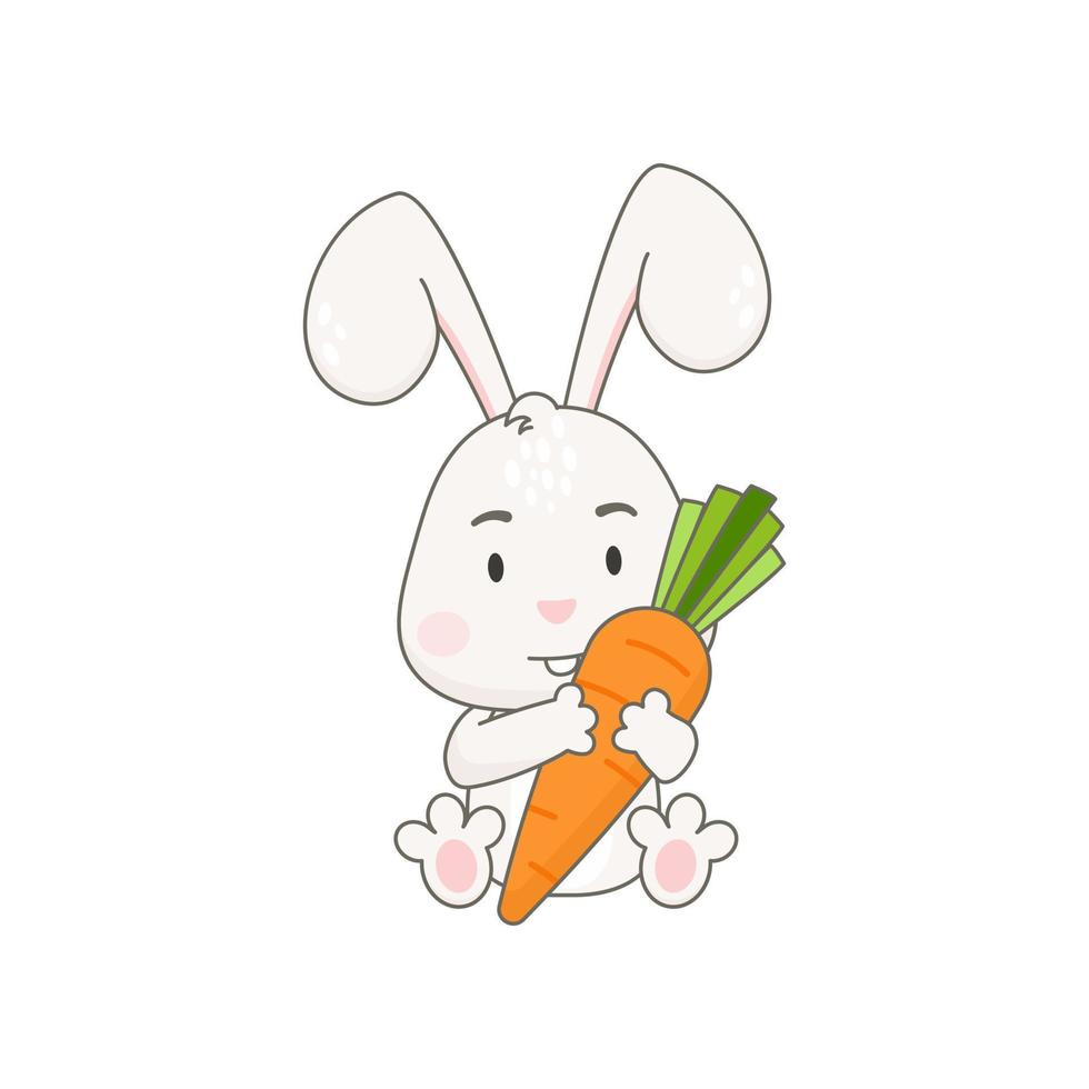 Cute rabbit with carrot character isolated on white. Easter bunny vector illustration.