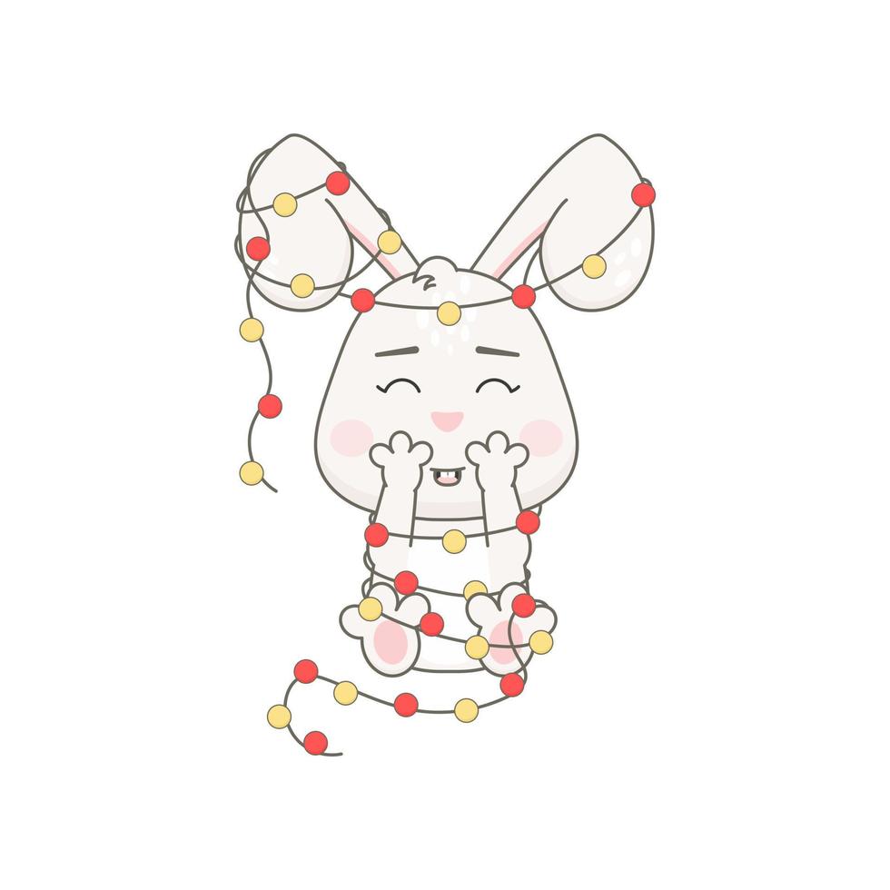 Cute rabbit character with garland isolated on white. vector