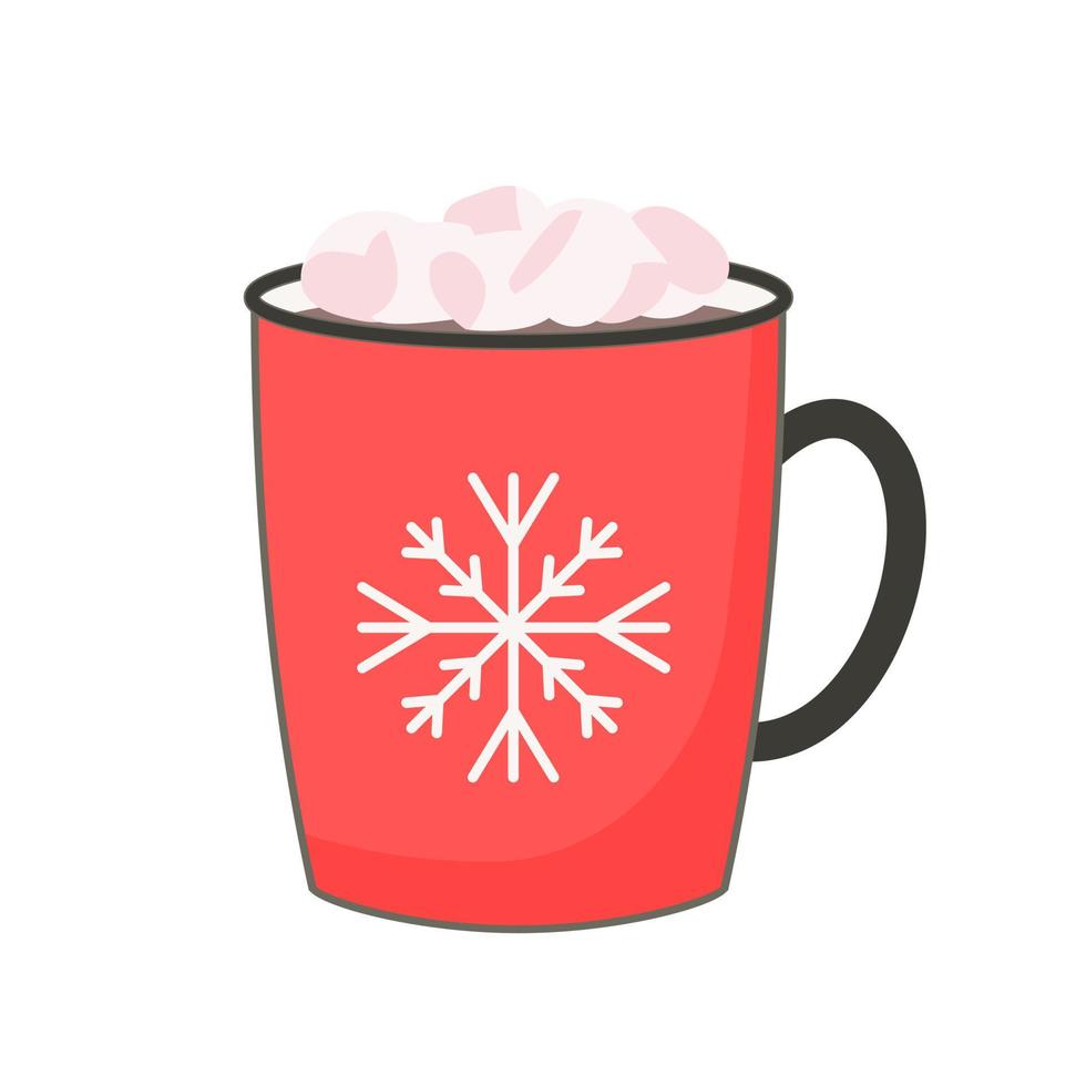 Winter mug of hot chocolate or cocoa with marshmallows. Red mug with coffee. Flat design elements. Winter season illustration. vector