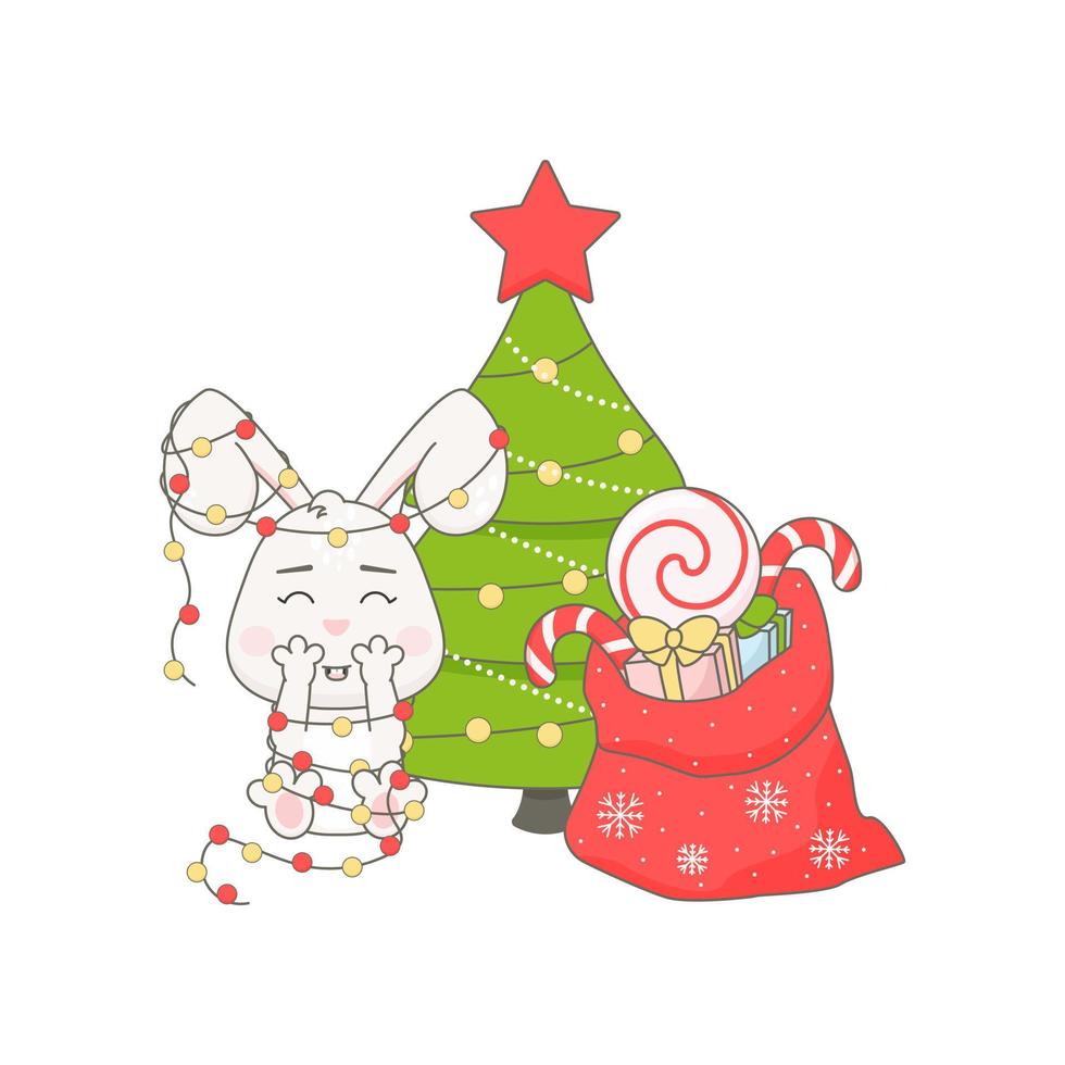 lindo personaje de conejo con guirnalda, árbol de navidad y regalos i vector