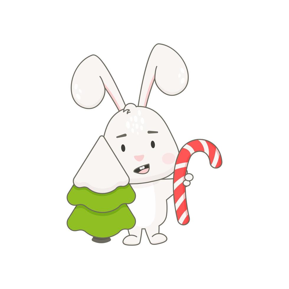 lindo personaje de conejo con árbol de navidad aislado en blanco. vector