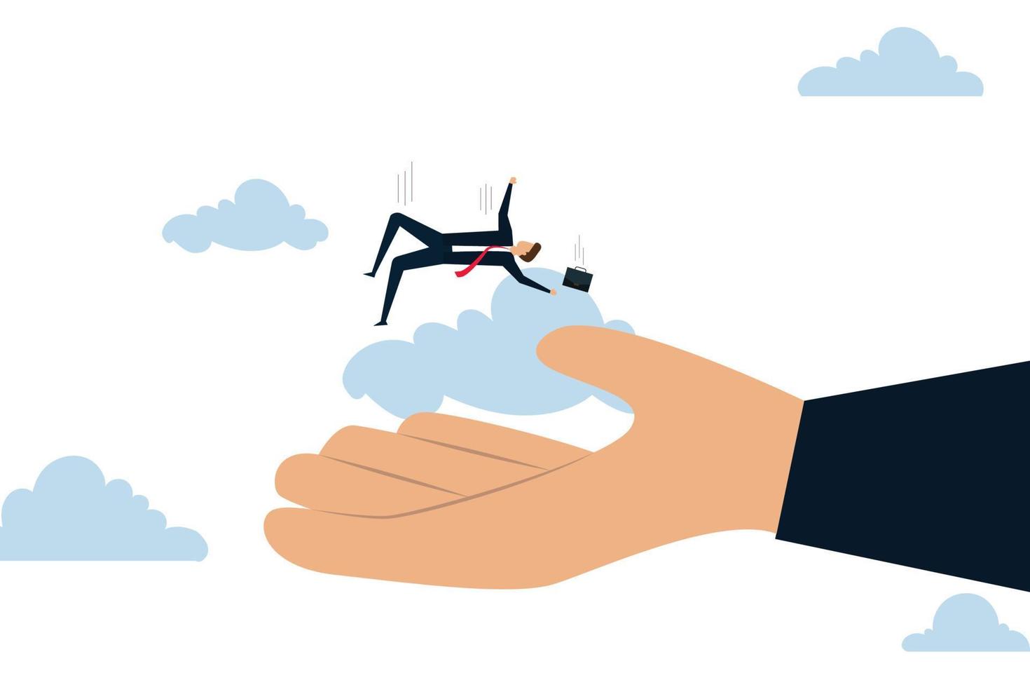 Business support, businessman investor falling from the sky into a soft helping hand. vector