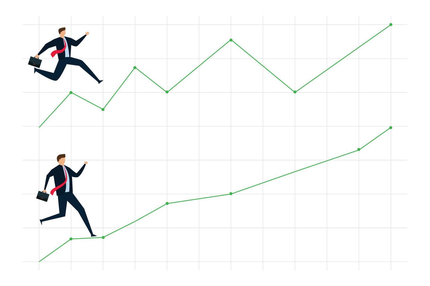 work successful ladder, businessman walking up stairs graph, one with smooth rising up and other on volatile path. vector