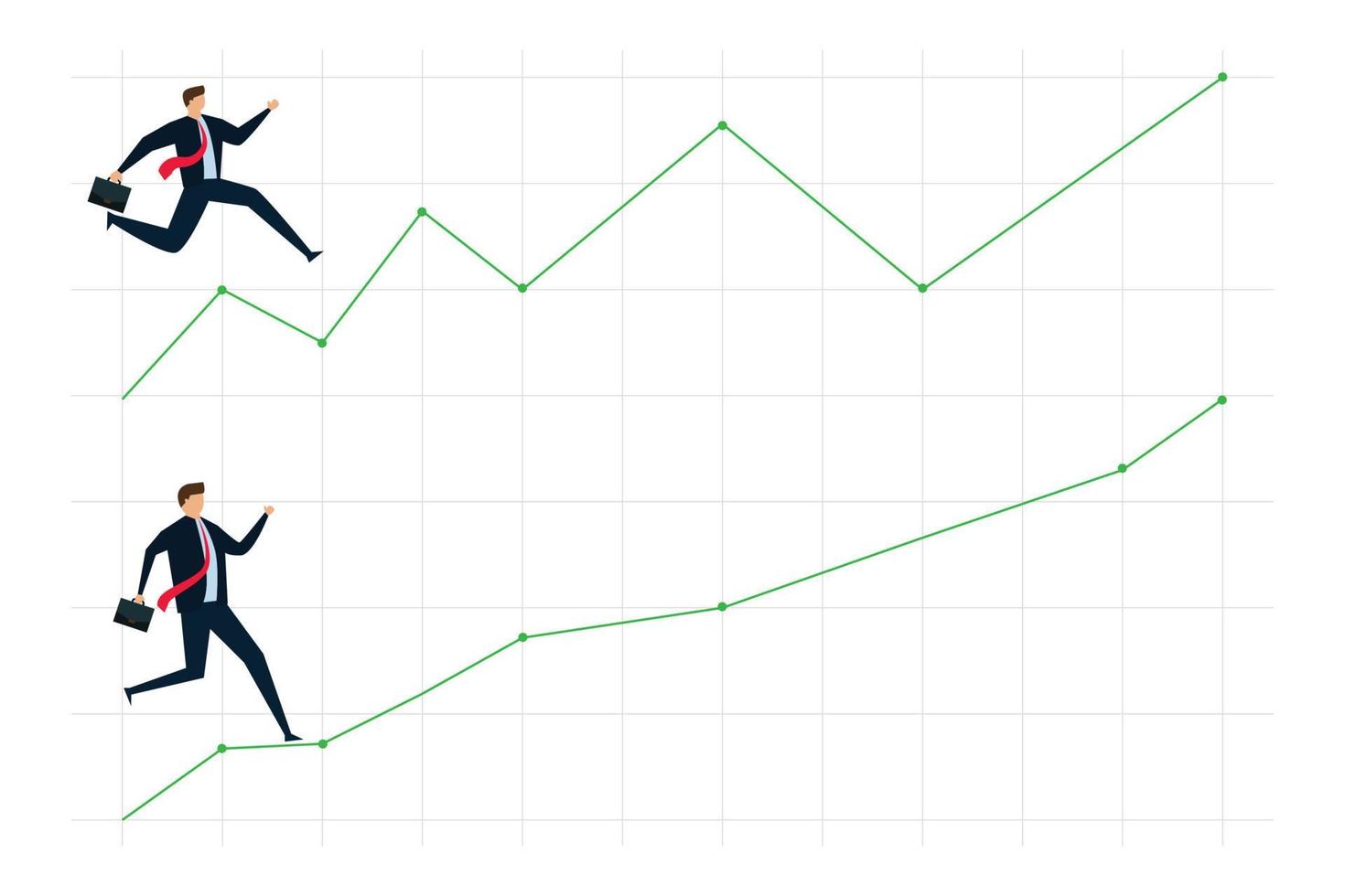 escalera de trabajo exitosa, hombre de negocios subiendo un gráfico de escaleras, uno con un ascenso suave y otro en un camino volátil. vector