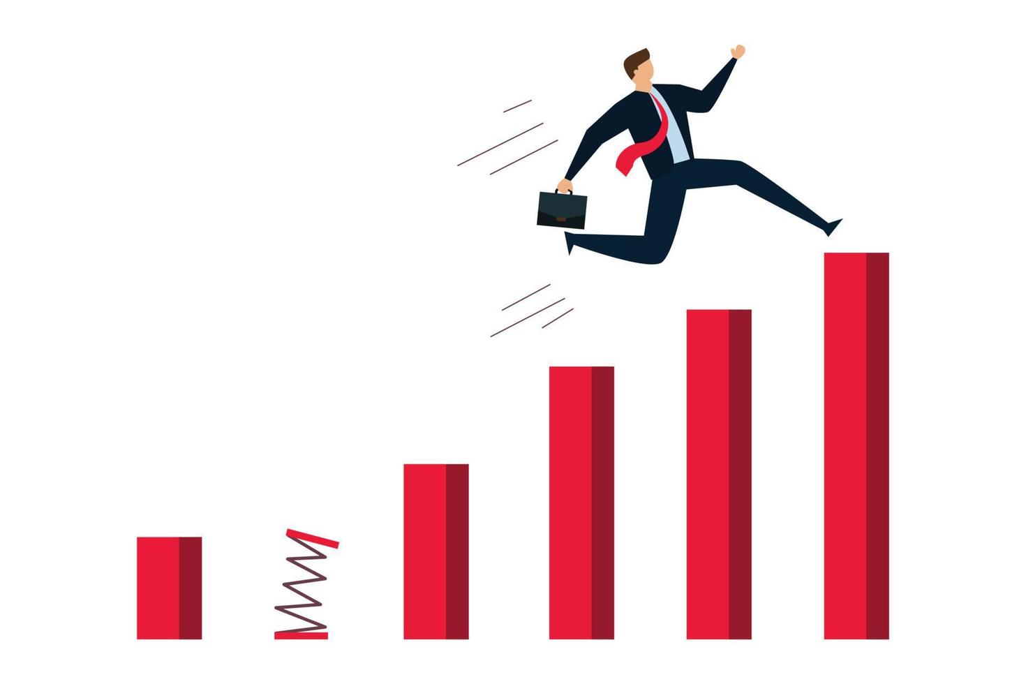 Business challenge, strong businessman jumping from trampoline back to top of growing bar graph. vector