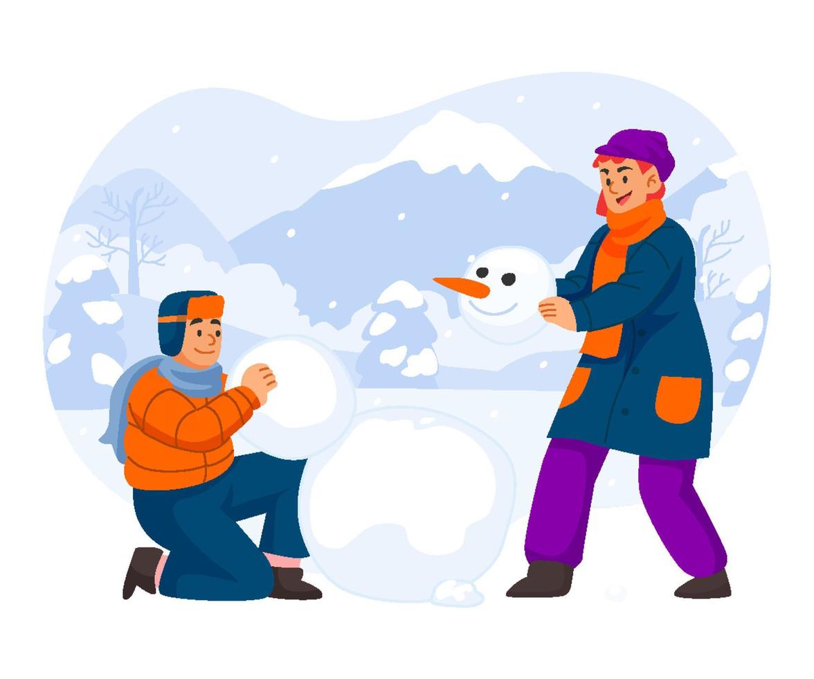 pareja construyendo un muñeco de nieve en invierno al aire libre vector