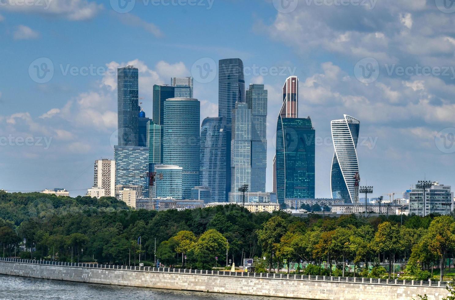 Aerial view of the skysrapers of Moscow City over the Moscow River, in Moscow, Russia. photo