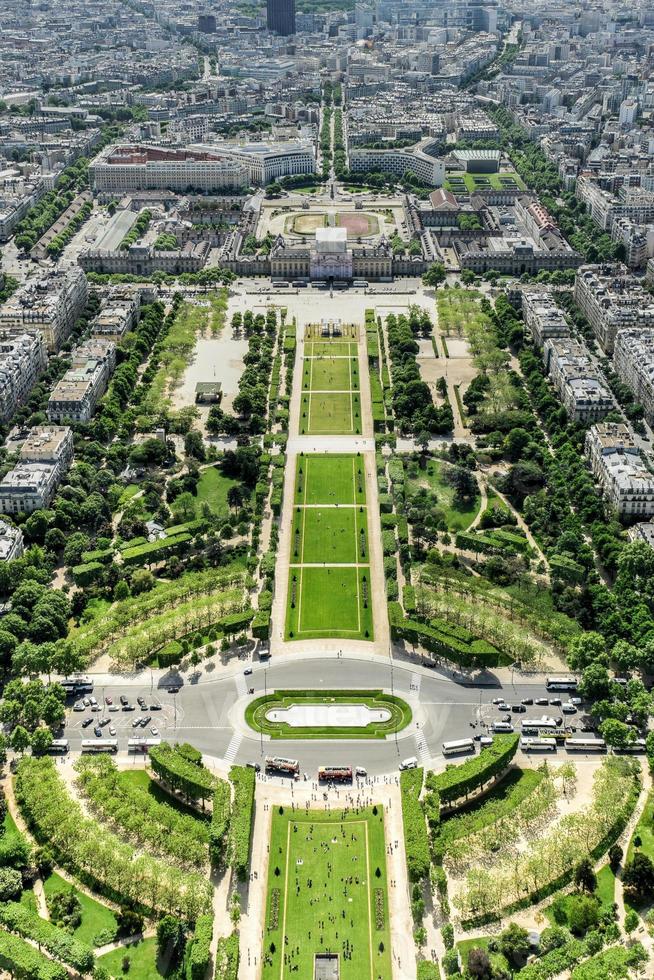 Aerial panoramic view of Paris and Champ de Mars from Eiffel Tower in Paris, France photo