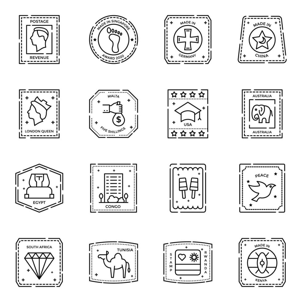 paquete de iconos de sellos de pasaporte y país vector