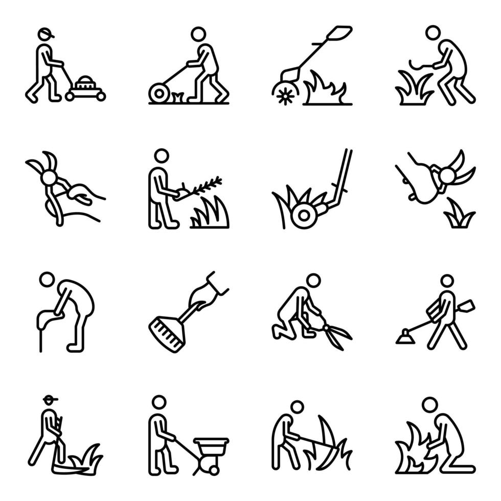 Pack of Persons Cutting Grass Icons vector