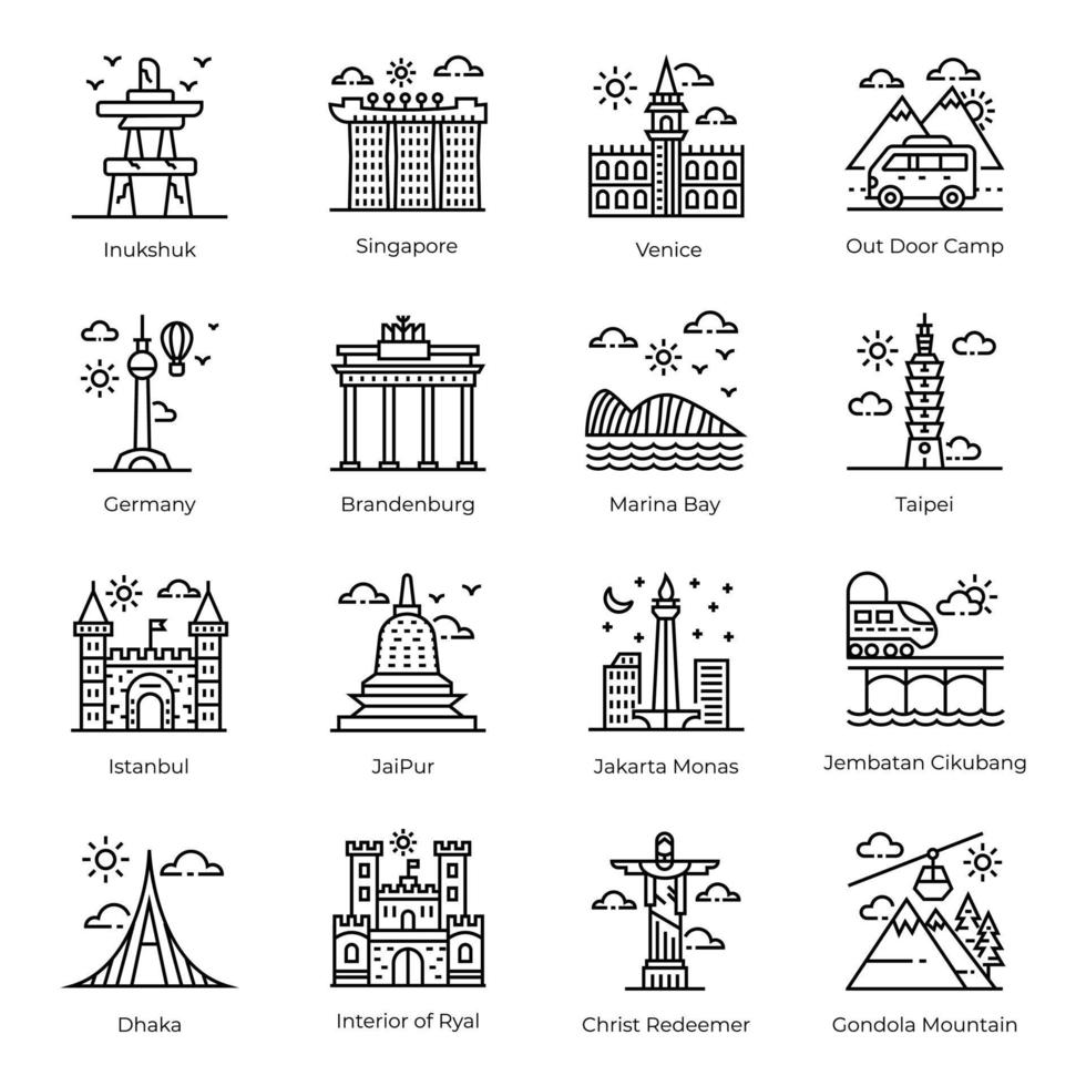 paquete de iconos lineales de monumentos de fama mundial vector