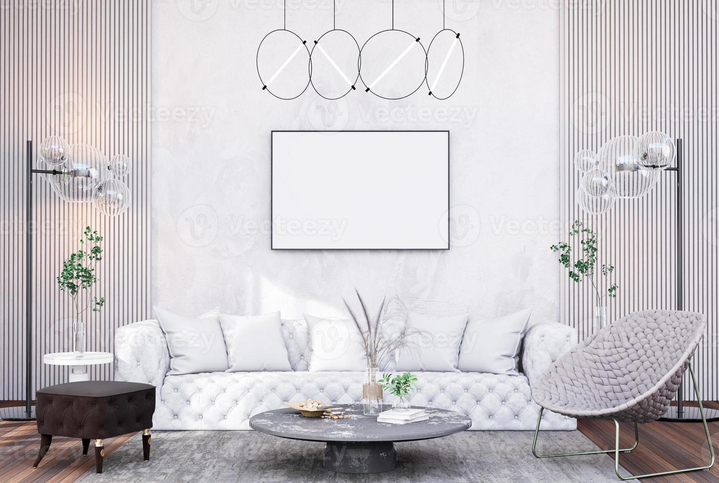 marco de póster simulado en interiores modernos habitaciones completamente amuebladas foto