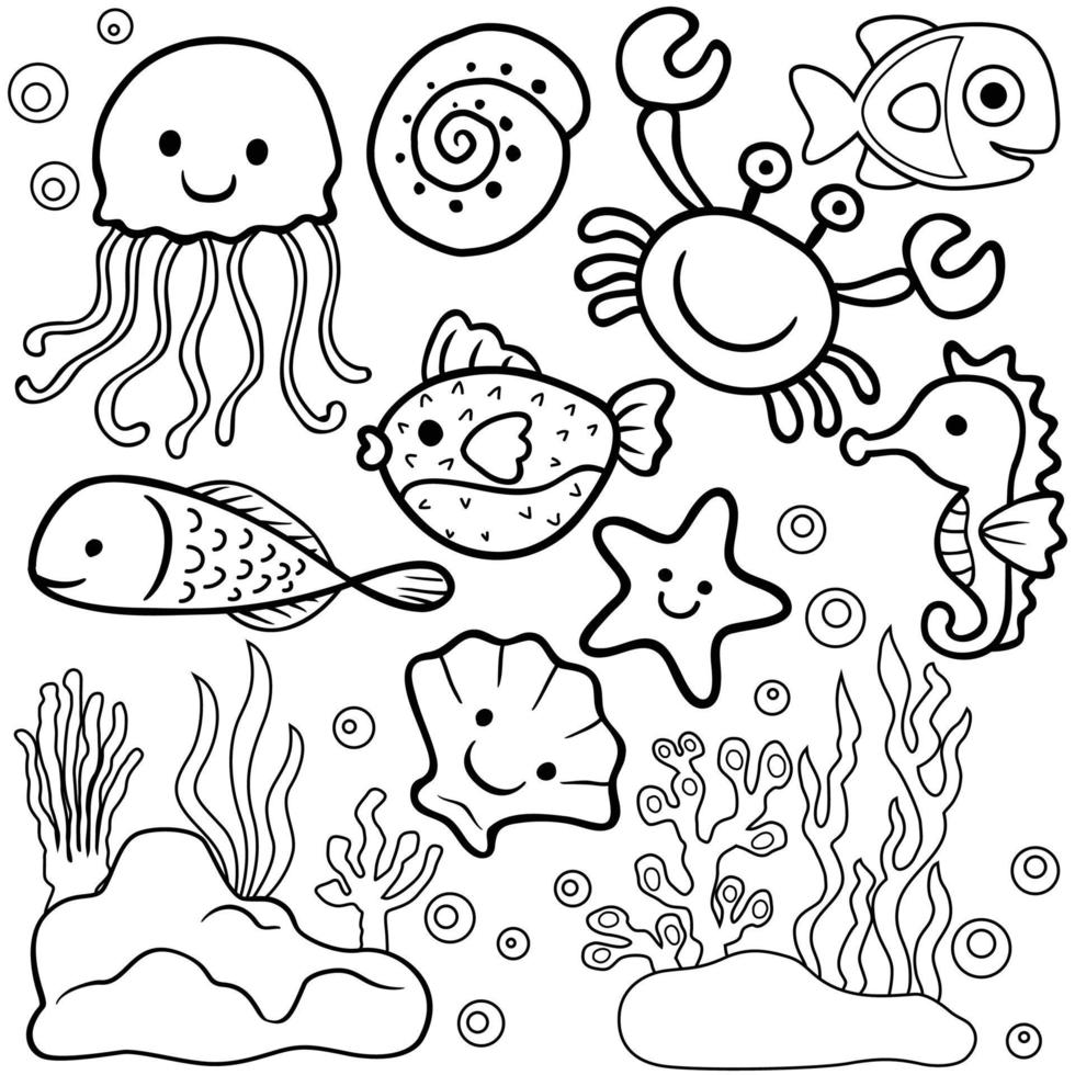 vector cartoon of marine animals, coloring book or page