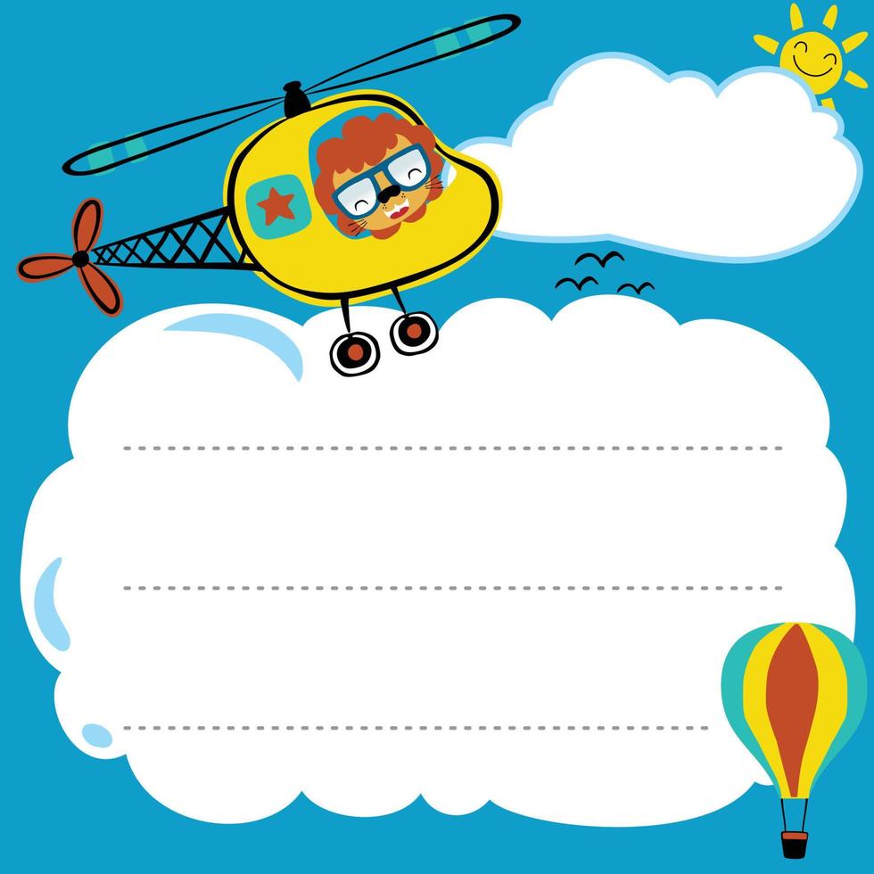 frame border template of hand drawn cute lion on helicopter cartoon vector