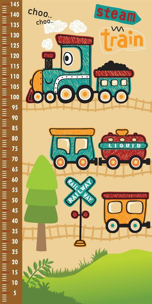 height measurement wall with hand drawn funny steam train cartoon, railway elements cartoon vector