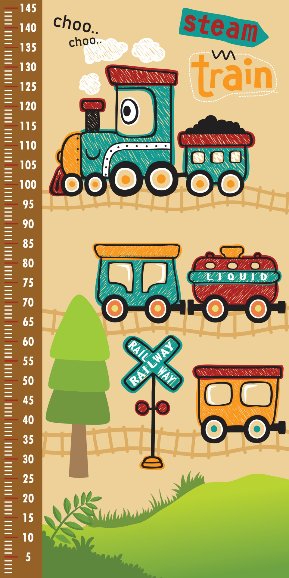 height measurement wall with hand drawn funny steam train cartoon, railway  elements cartoon 16109836 Vector Art at Vecteezy