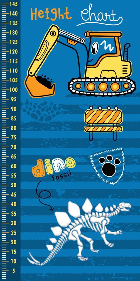 height measurement wall with funny construction vehicle cartoon digging dinosaur fossil vector