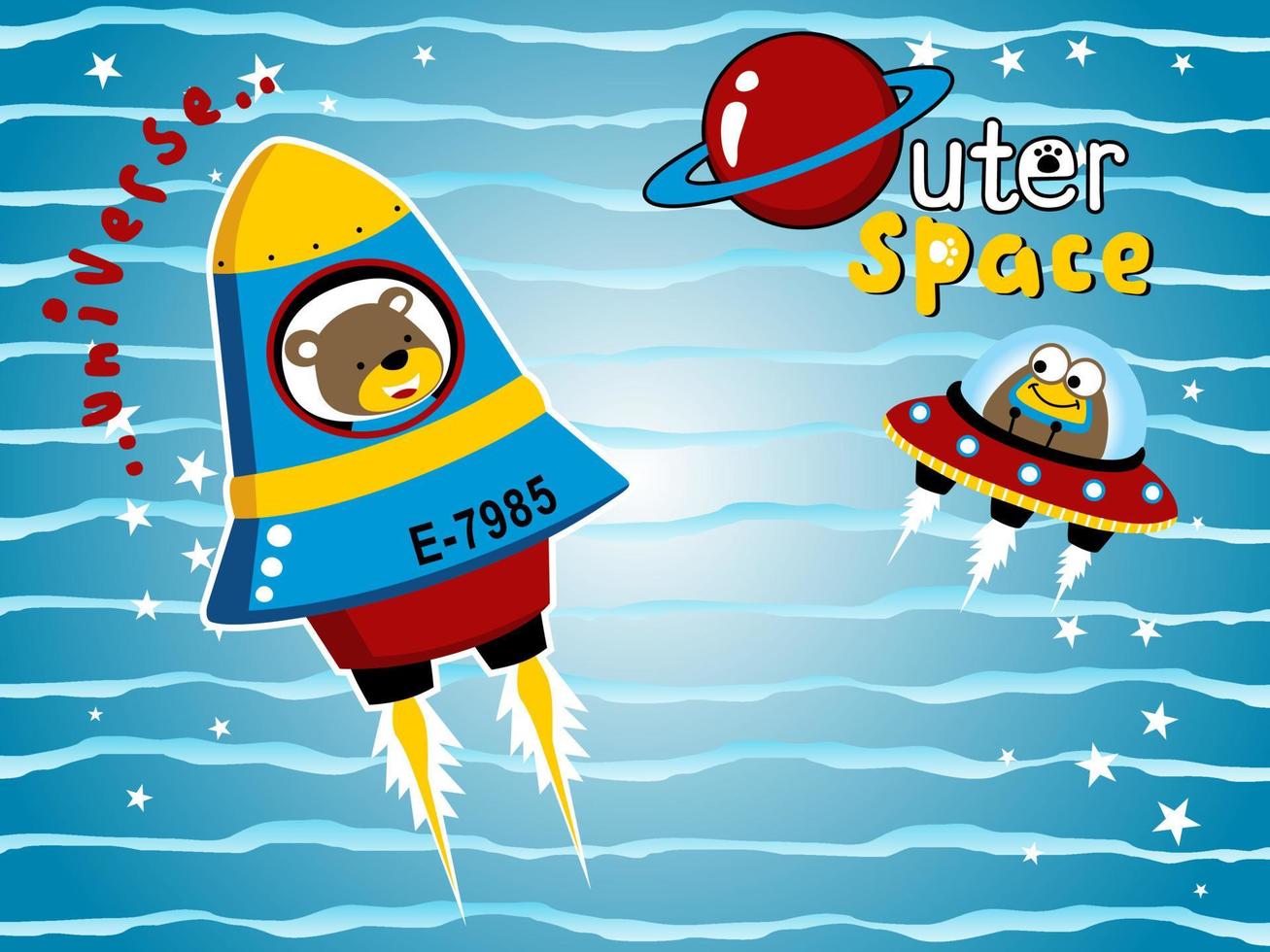 Little bear and funny alien on spacecraft in space. Vector cartoon illustration