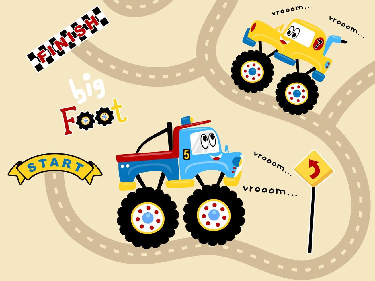 ilustración vectorial de divertidos dibujos animados de carreras de camiones monstruo vector