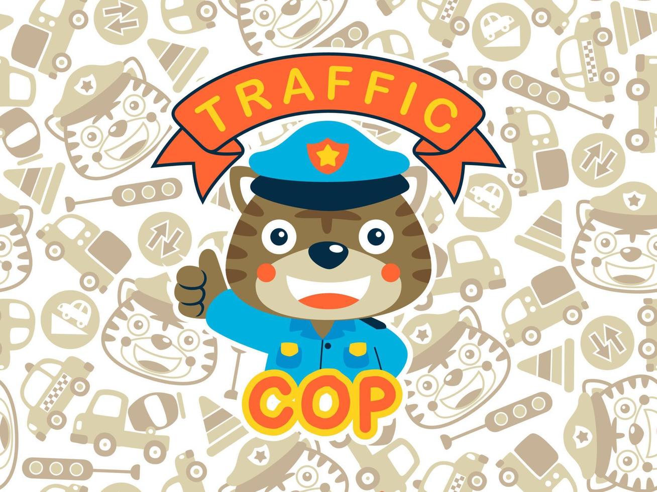 Cute tiger in traffic cop  costume on seamless pattern background, including cars, traffic sign, tiger head vector