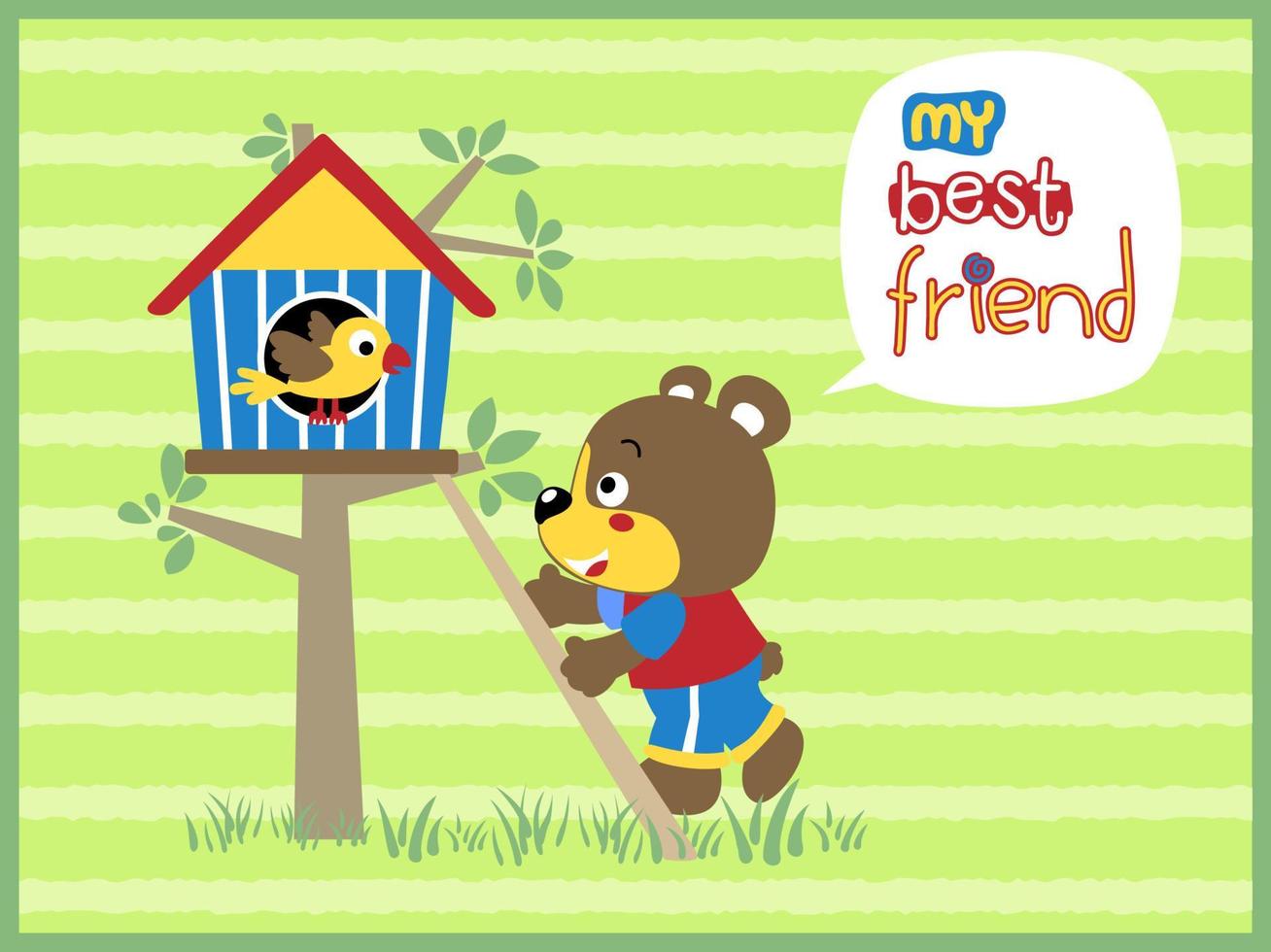 Vector of cute animals cartoon, cute bear climb a tree to visiting bird in it cage