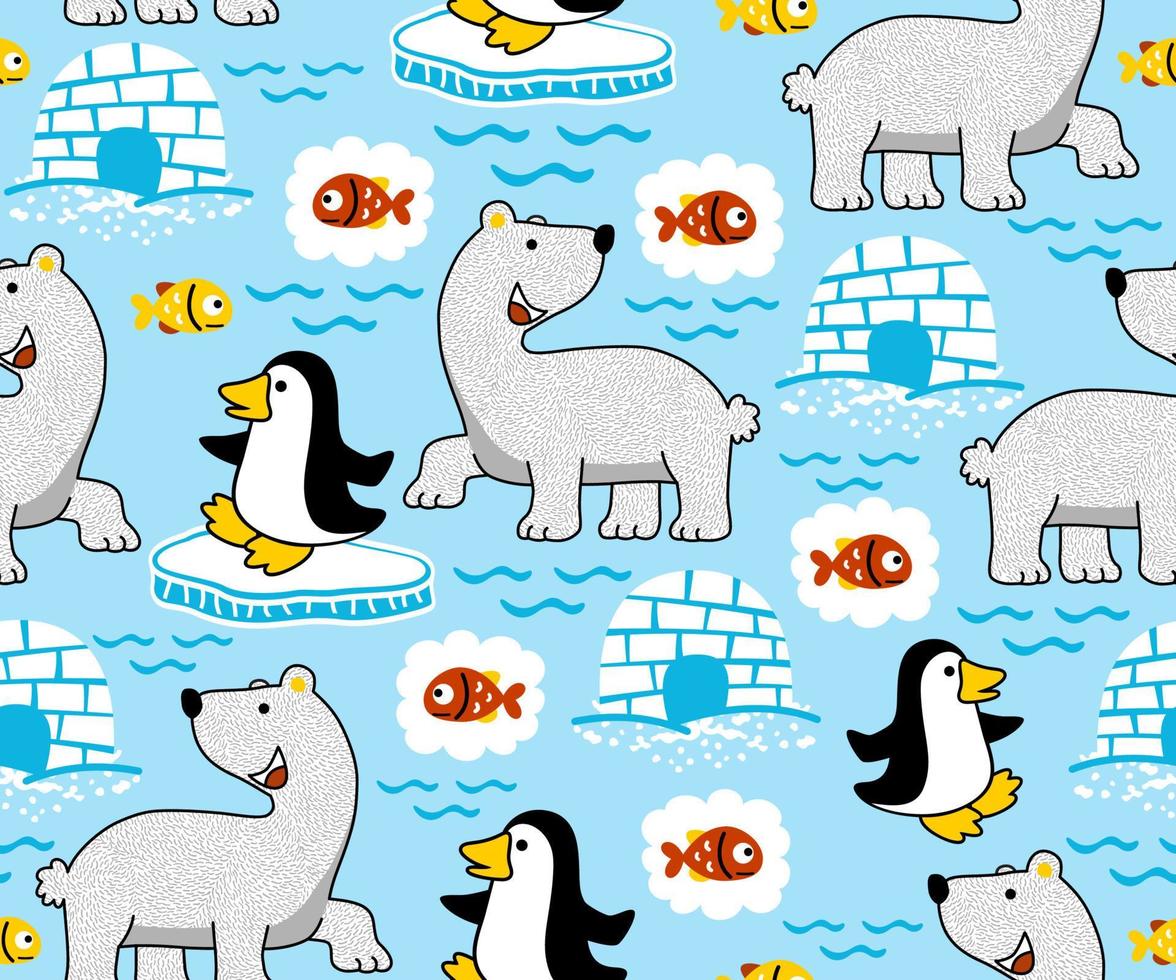 seamless pattern of polar bear, penguin and fishes vector