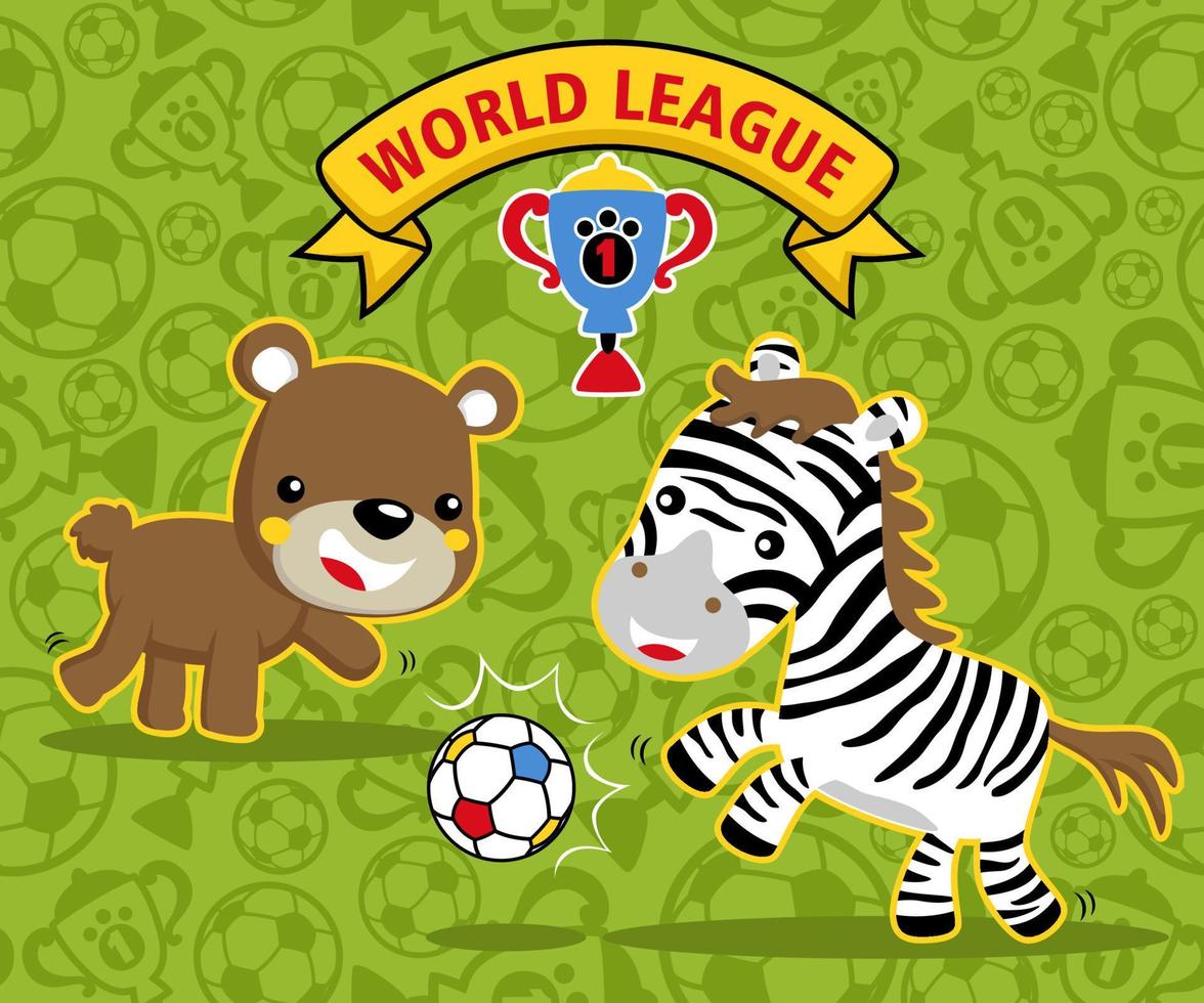 Bear with zebra playing soccer on seamless pattern of soccer ball and trophy background. Vector cartoon illustration