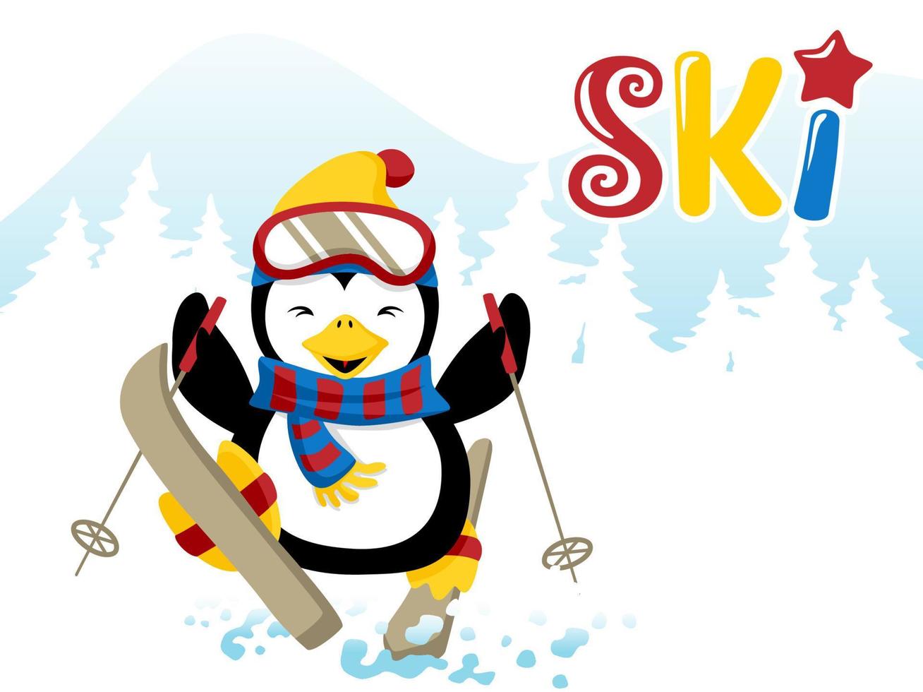 Vector of skiing penguin cartoon