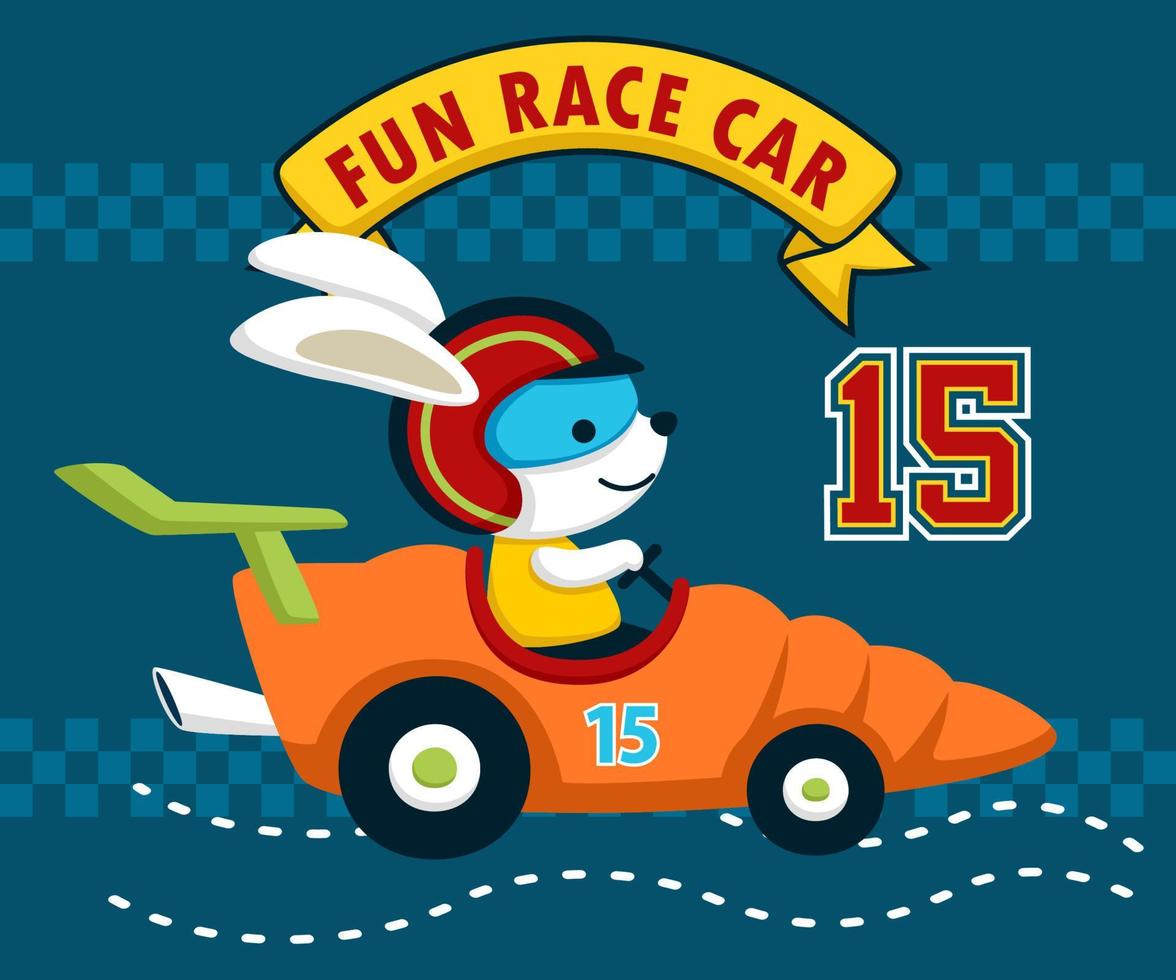 Cute bunny wearing helmet car racer driving carrot car. Vector cartoon illustration