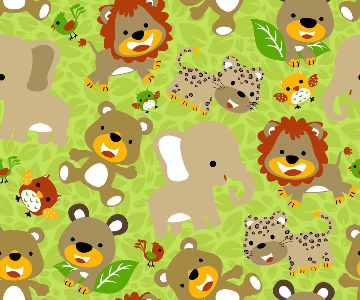 seamless pattern of funny animals cartoon on leaves background vector