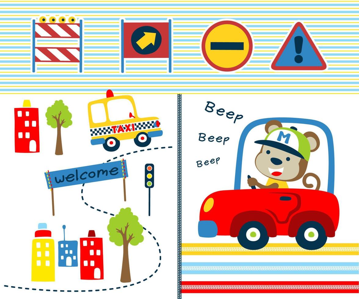 Traffic elements vector illustration with cartoon funny monkey driving car