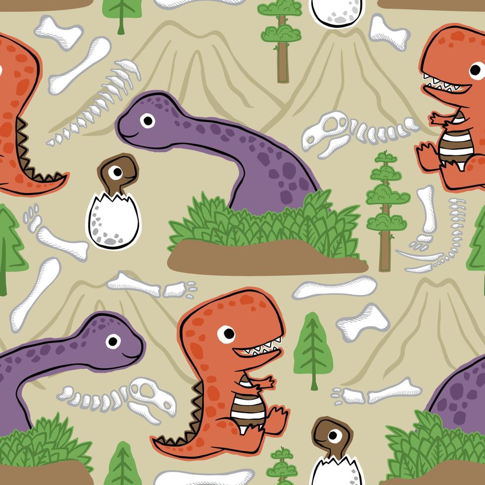 vector de patrones sin fisuras de dibujos animados de dinosaurios lindos dibujados a mano, ilustración de elementos prehistóricos