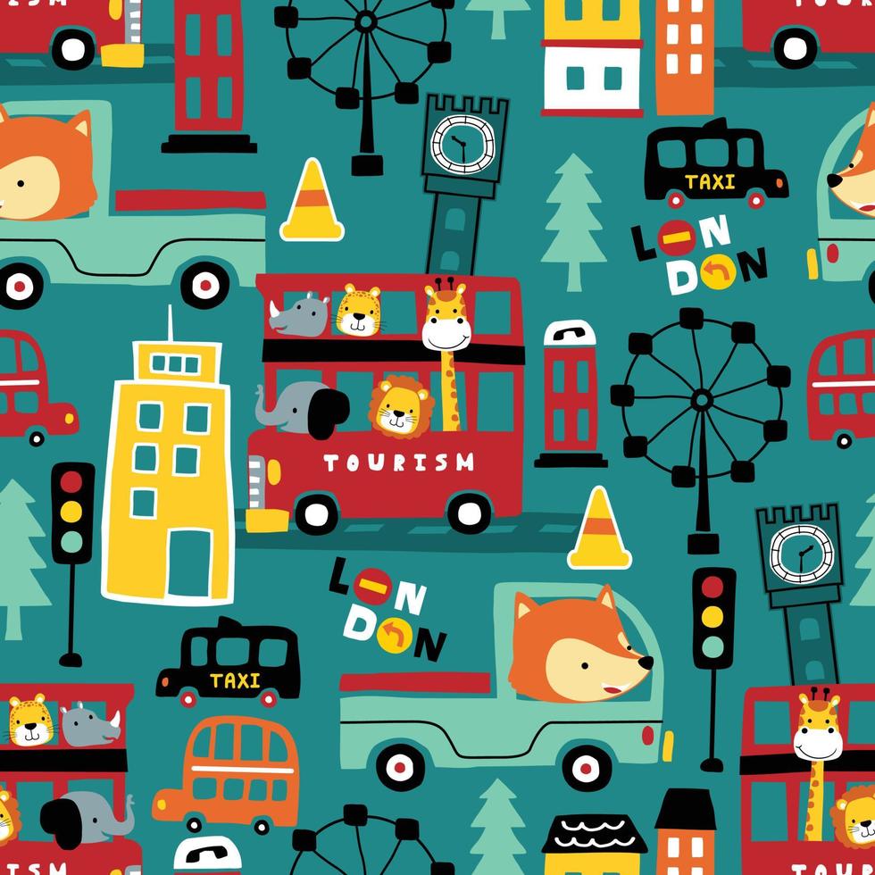 seamless pattern vector of funny animals cartoon on vehicles in a city, cityscape elements illustration