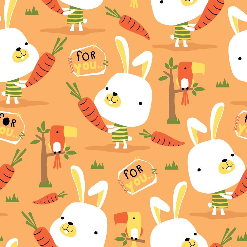 seamless pattern vector of bunny and birds cartoon with carrots