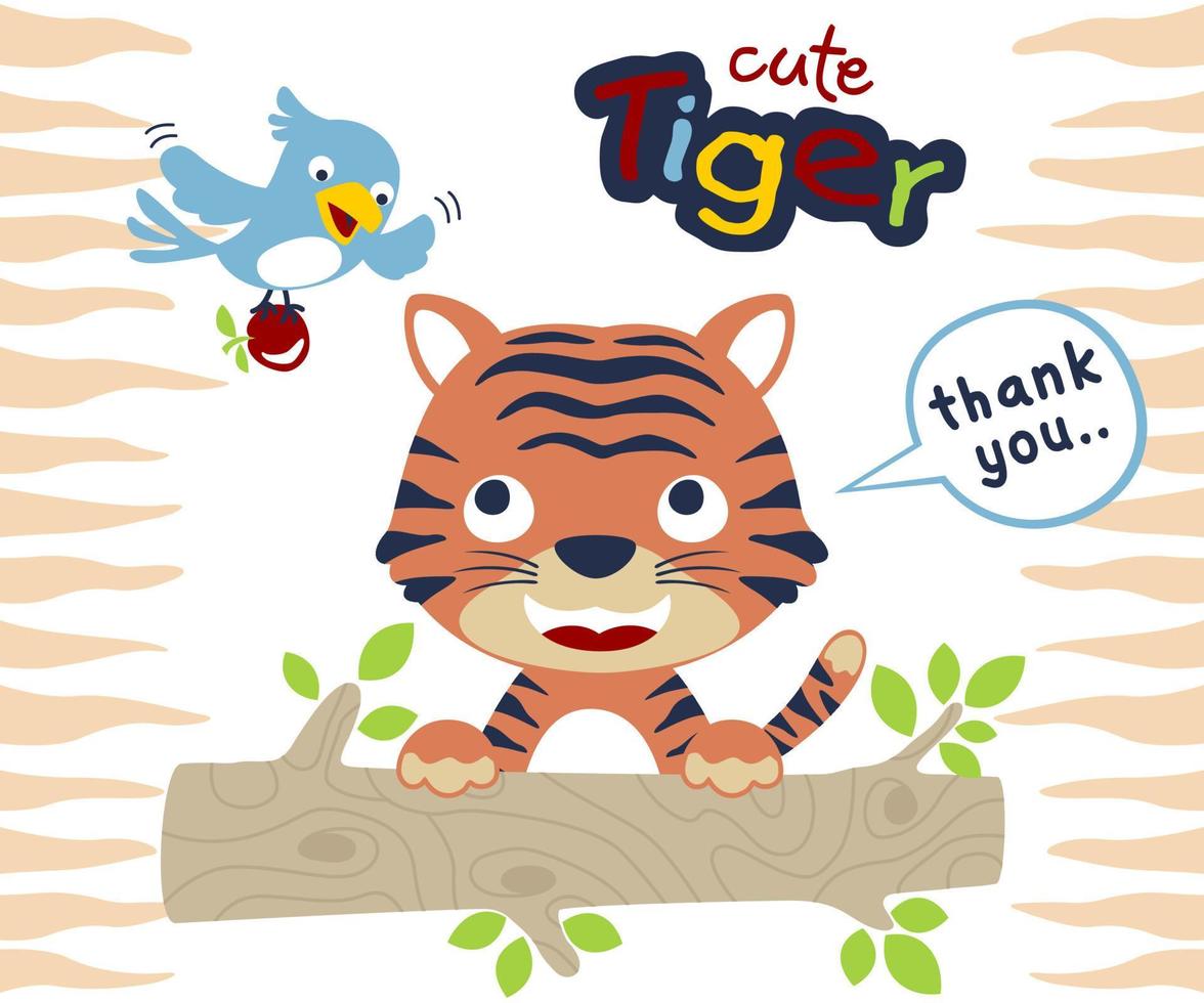 Vector illustration of cute tiger in tree trunk, a bird flying while carrying fruit