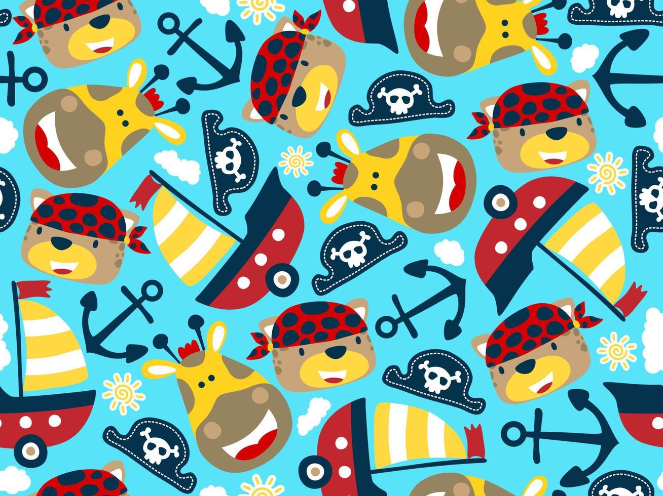 seamless pattern vector of funny animals smile face cartoon with pirate elements illustration