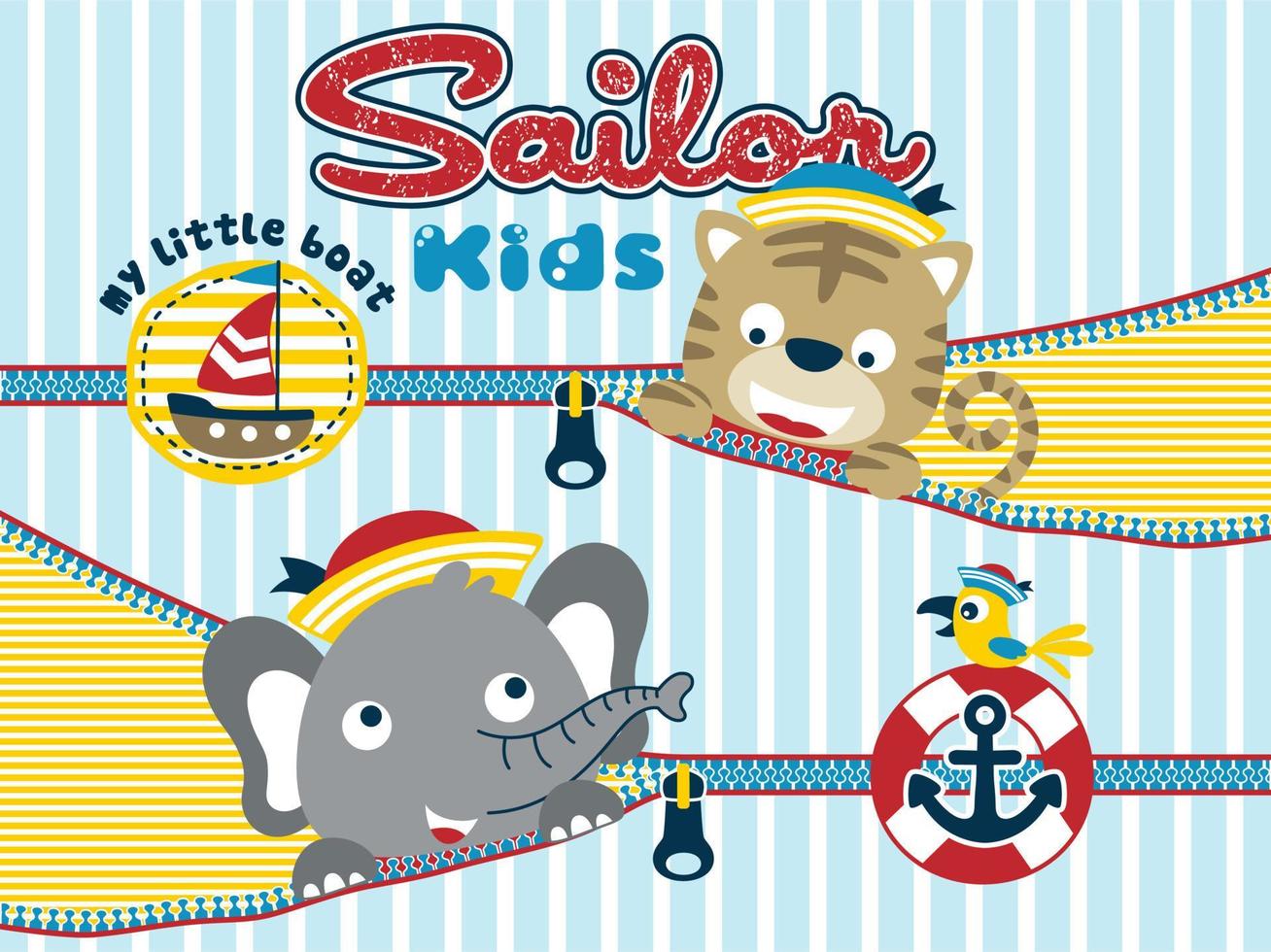 Funny tiger and elephant wearing sailor cap playing hide and seek in zipper with sailing element, little bird wearing sailor hat perching on lifebuoy vector