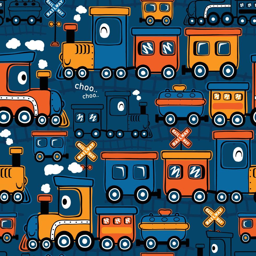 Seamless pattern vector of funny steam train cartoon, railway element illustration