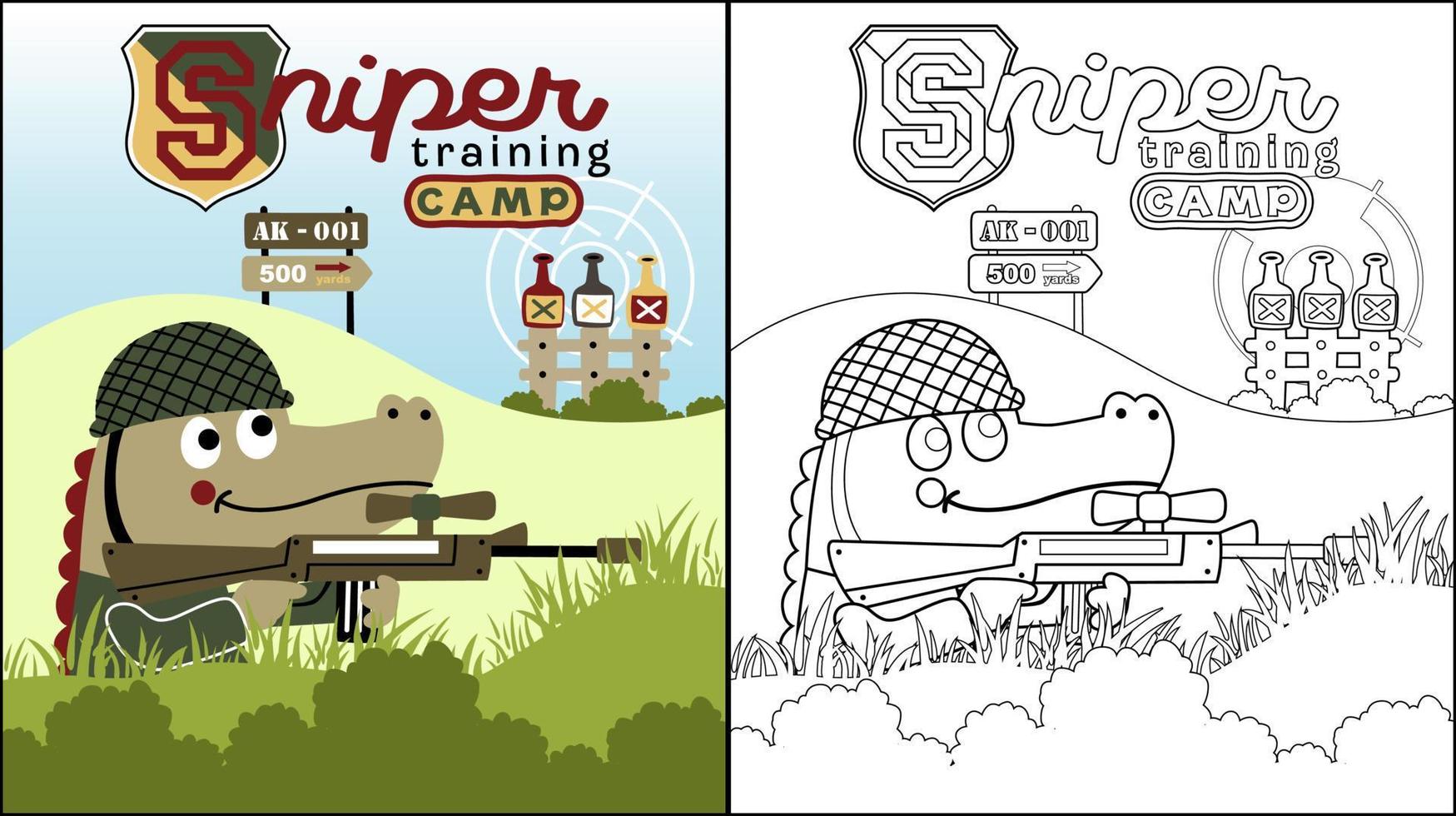 vector cartoon of crocodile in soldier costume holding weapon shoot on bottles