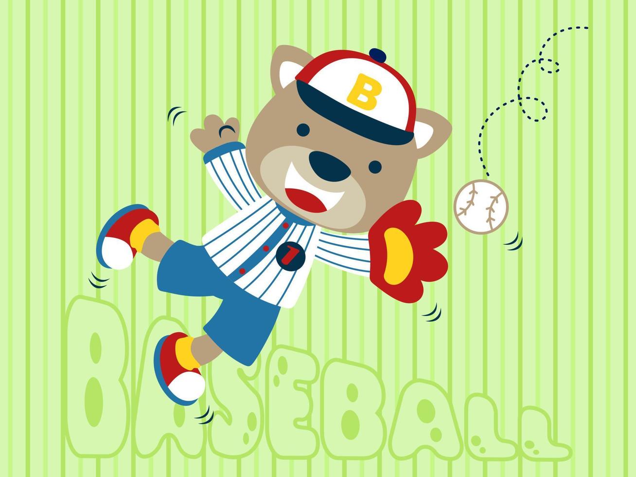 gato divertido con uniforme de jugador de béisbol saltando para atrapar la pelota en el partido de béisbol. ilustración de dibujos animados de vectores