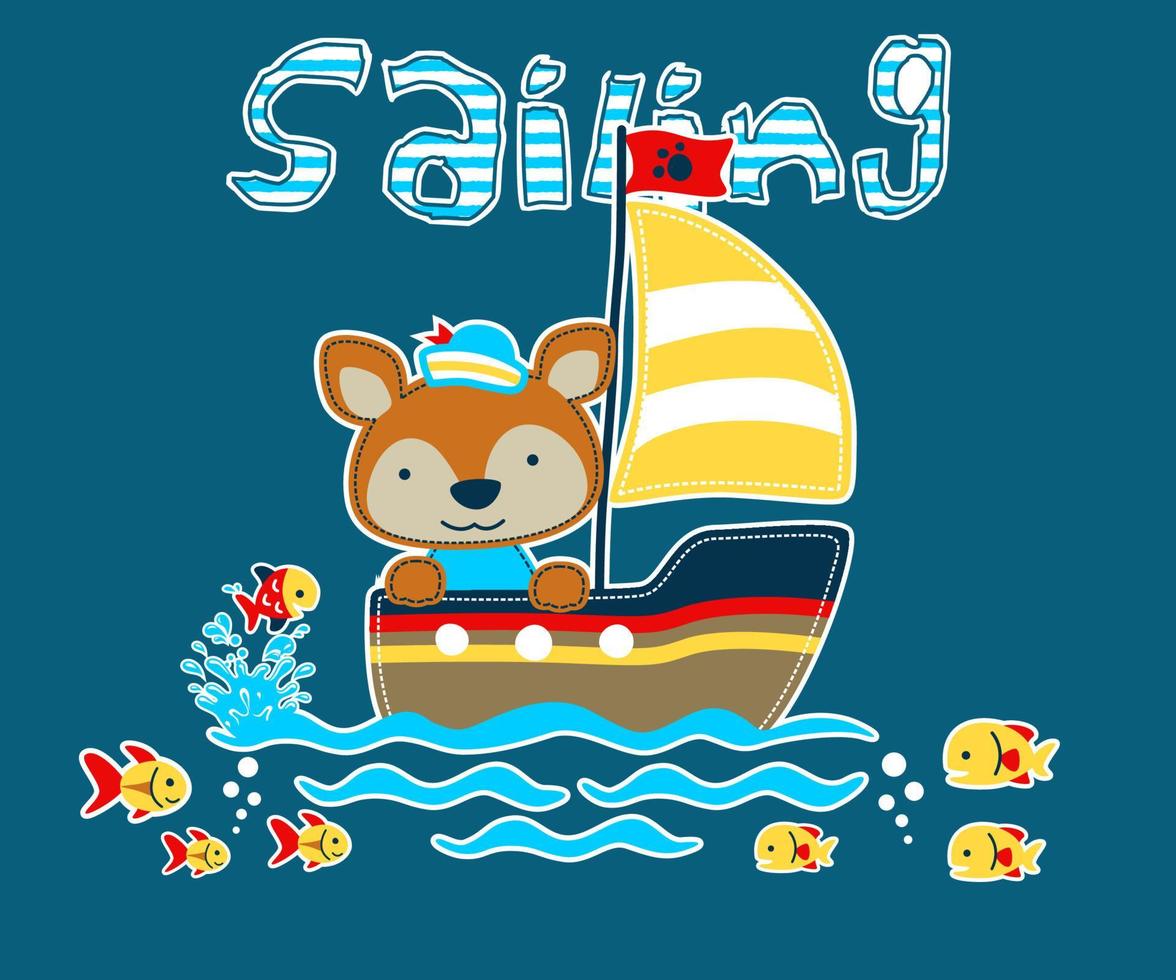 Little fox on sailboat with fishes. Vector cartoon illustration