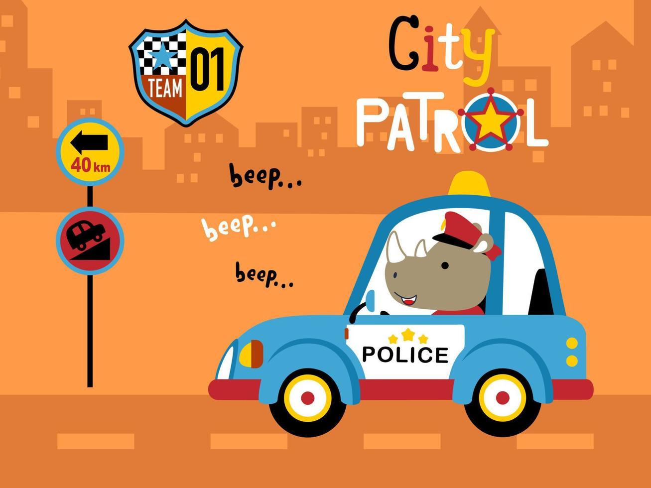 Vector illustration of cartoon rhino driving police car on buildings background, traffic element