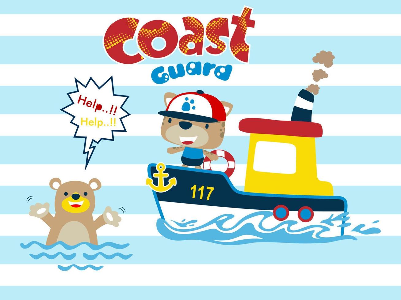 gato gracioso parado en un bote de guardacostas mientras sostiene un aro salvavidas para darle al oso en el agua. ilustración de dibujos animados de vectores