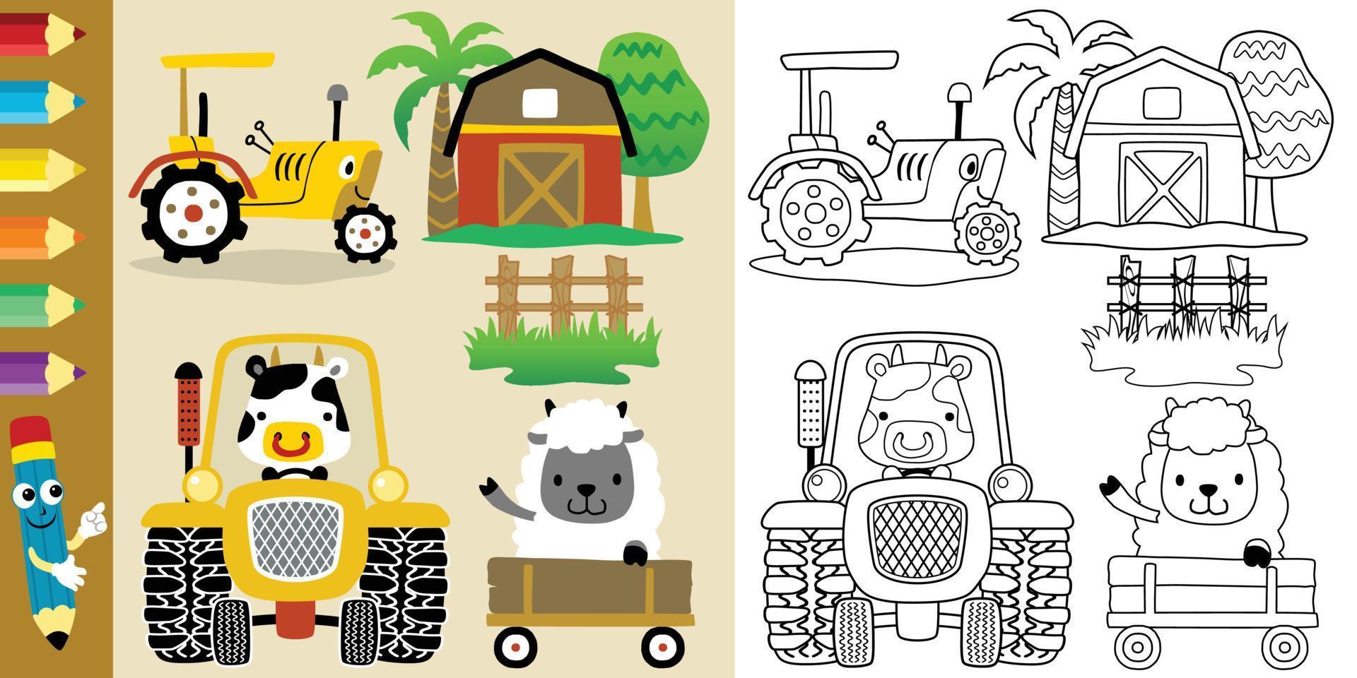 Vector of farm field elements cartoon with funny animals, coloring book or page