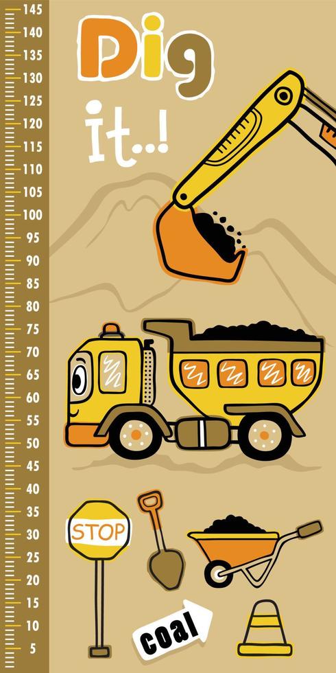 height measurement wall with hand drawn funny construction vehicles cartoon, construction elements cartoon vector